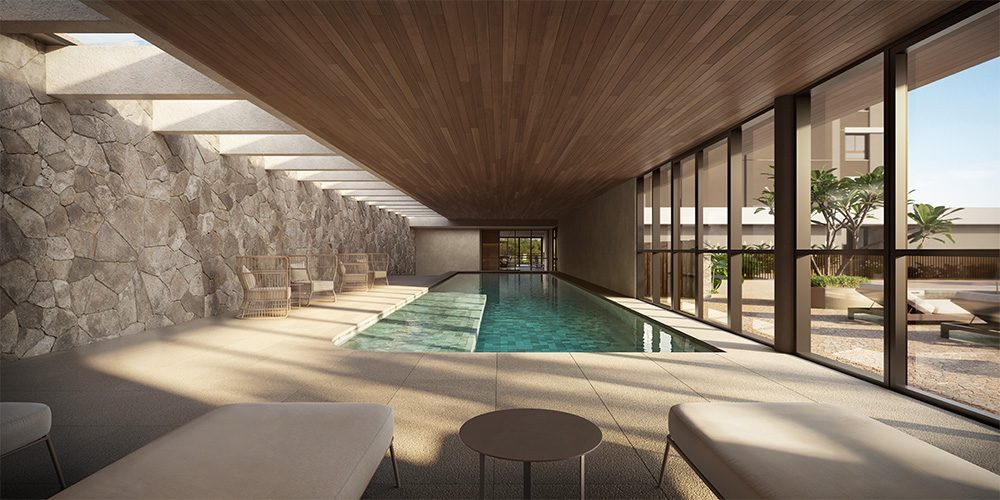 Piscina coberta do Gaia Residence, empreendimento A.Yoshii em Maringá